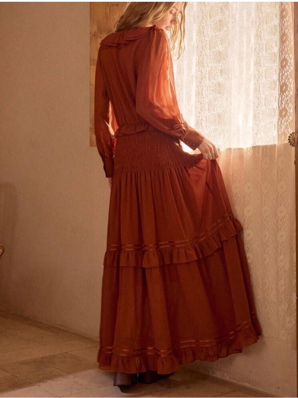 Rust Brown Ruffle Collar Smocked Maxi Dress - Picture 7 of 7